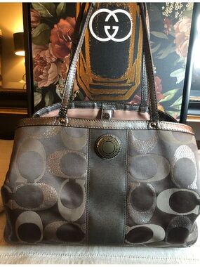 Coach Gray and Silver Signature Jacquard Shoulder Tote